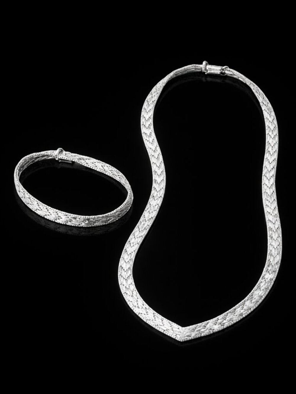 925 Italy Sterling Silver V shaped herringbone Necklace & Bracelet Matching Set